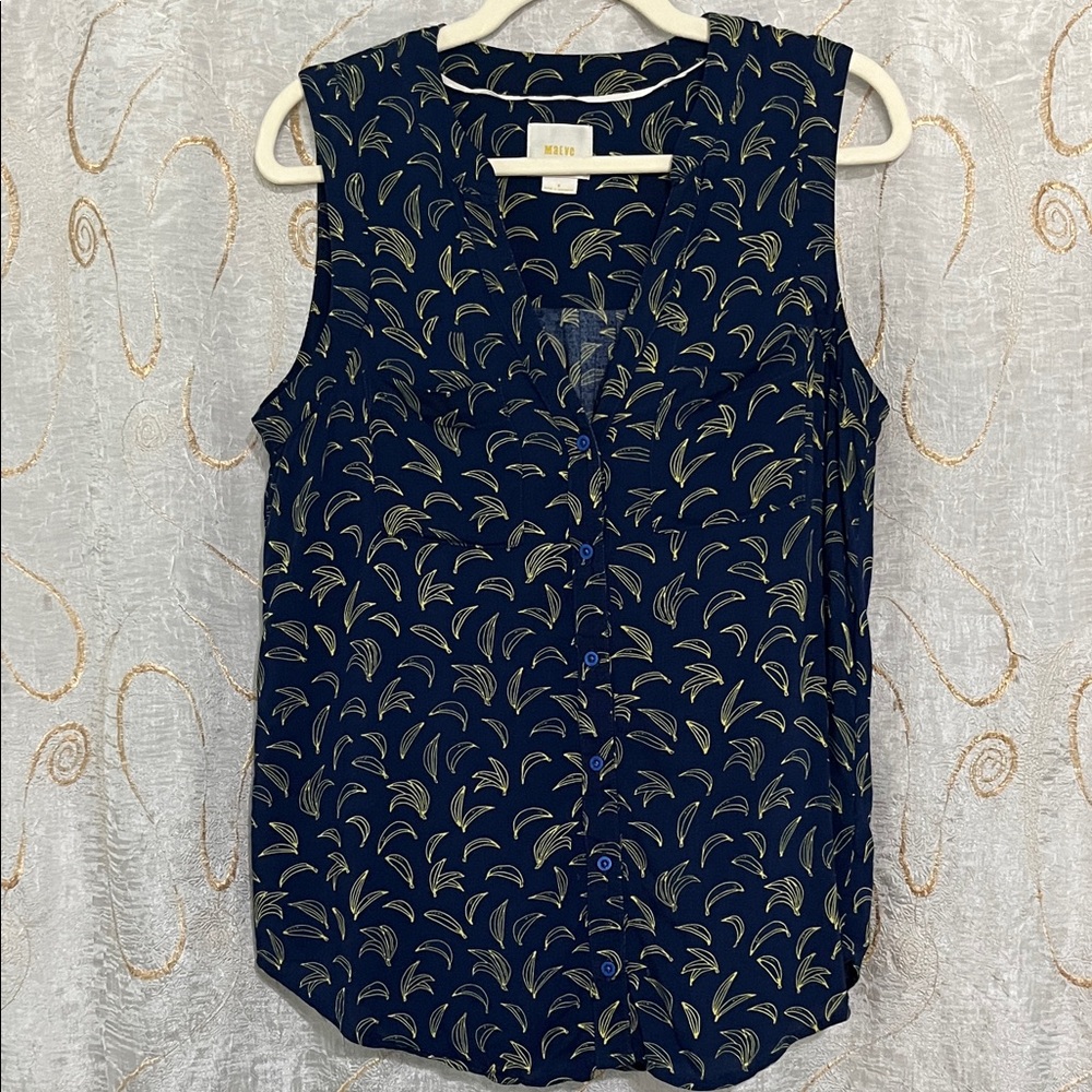 Maeve Navy and Gold Banana Patterned Sleeveless Blouse